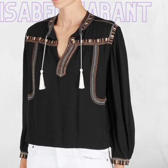 Isabel Marant Etoile Cabella Black Embroidered Peasant Blouse Size 36 - Picture 1 of 10